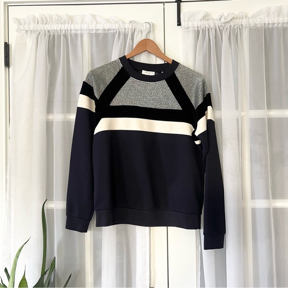 Sandro Paris Igal Metallic Silver Velvet Black & Navy Sweatshirt Size 1/Small - Picture 4 of 11